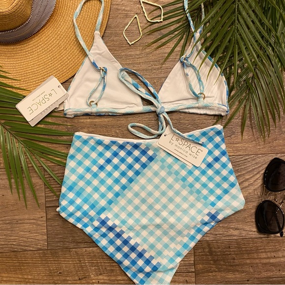 L*Space Turquoise Picnic Plaid String Bikini Top | Portia High Waisted Bottom - Picture 8 of 13